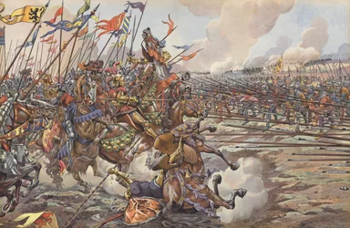 De Bourgondische ridders van Karel de Stoute verslagen door Zwitserse piekeniers in de Slag bij Grandson, 1476